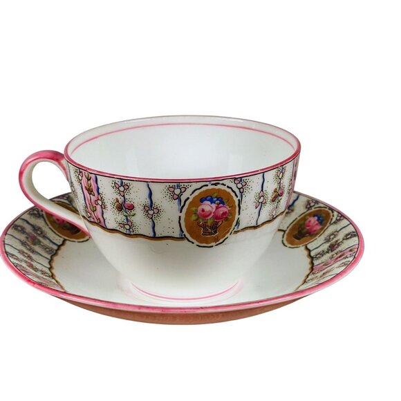 RARE Vintage Aynsley England Teacup Saucer Set Pink Floral Bone China  Art Deco - Picture 1 of 7